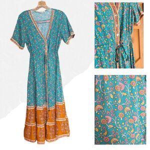 TDDPSSHDP Boho Peasant Festival Midi Dress‎ Shell Buttons Bells LARGE Bohemian